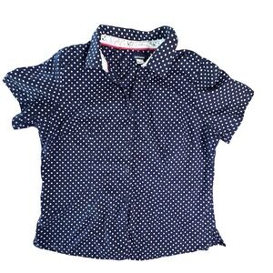 Basic Editions Womens XL Navy Blue Polka Dot Short Sleeve Button Up Shirt Anchor